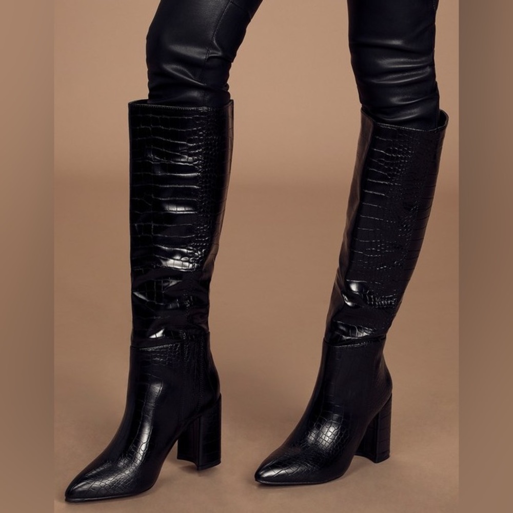 Lulu’s Katari Knee-High Black Crocodile Heel Boots